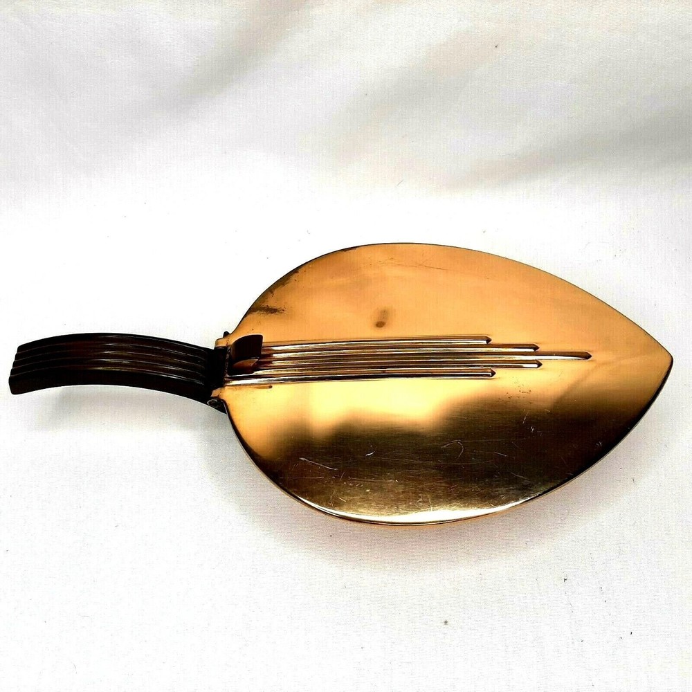 1940s Art Deco Leaf Emerald Glo Brass Finish Brown Bakelite Handle Silent Butler